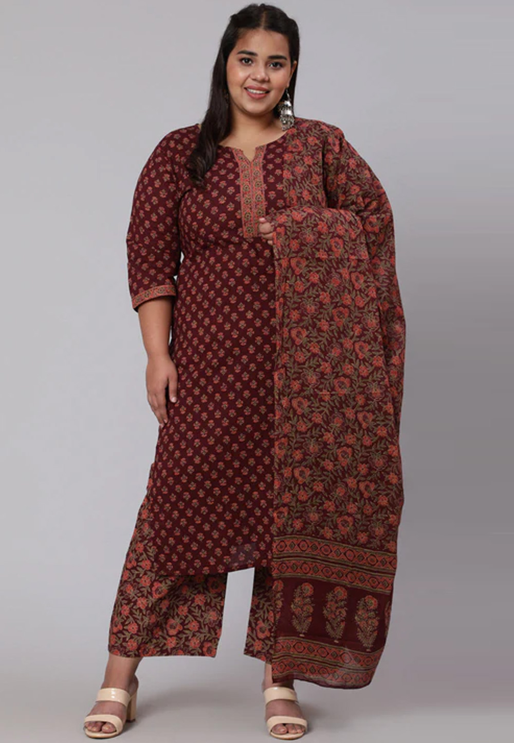 Maroon Cotton Readymade Palazzo Suit 252891