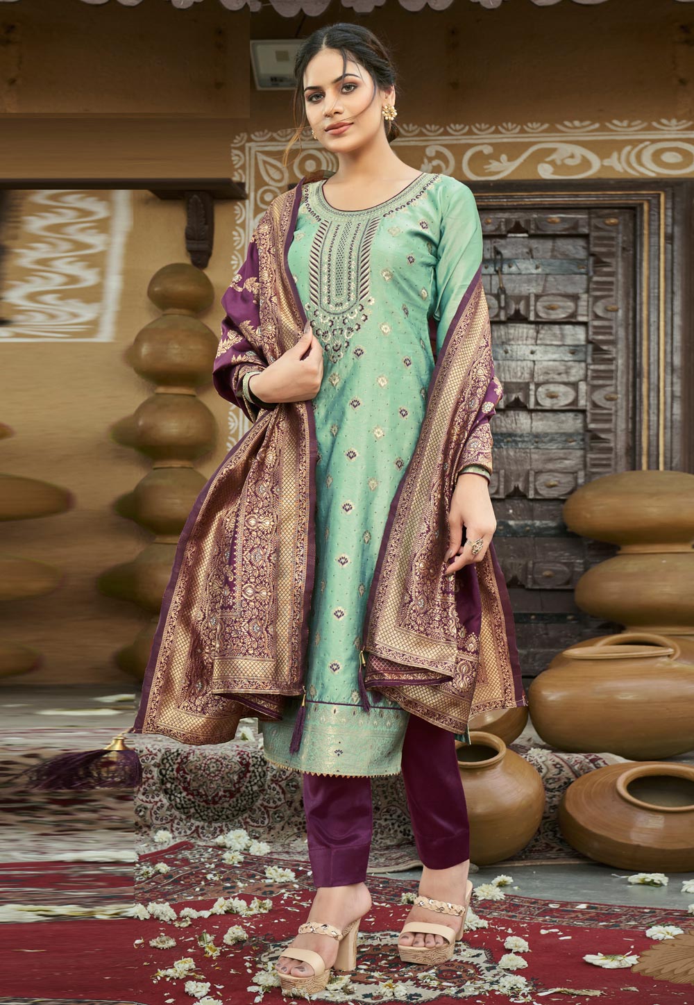 Buy Ethnic Beige Color Banarasi Jacquard Trouser Suit Online