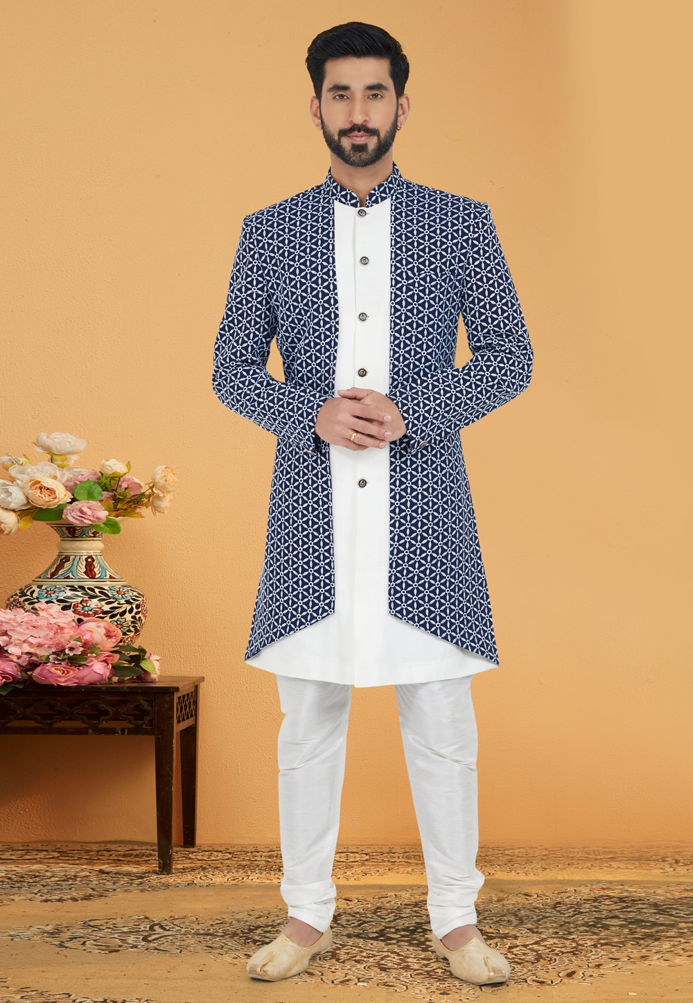 White Cotton Silk Jacket Style Sherwani 263232