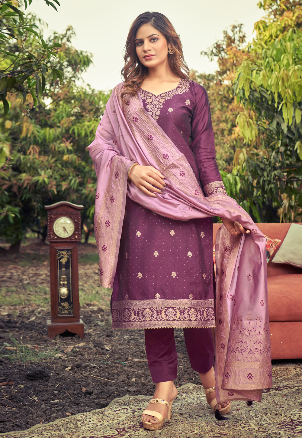 Purple Banarasi Jacquard Kameez With Pant 242050