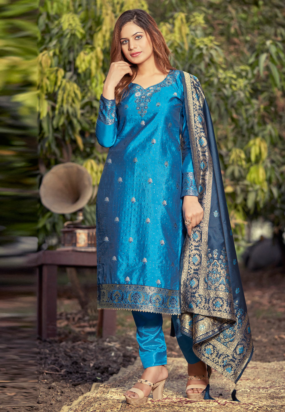 Sky Blue Banarasi Jacquard Pant Style Suit 242051