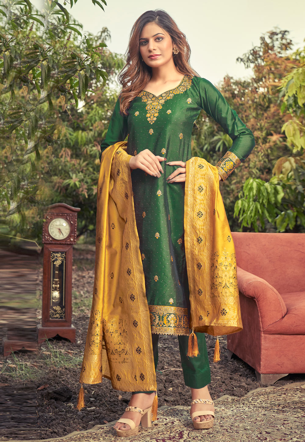 Green Banarasi Jacquard Pant Style Suit 242053