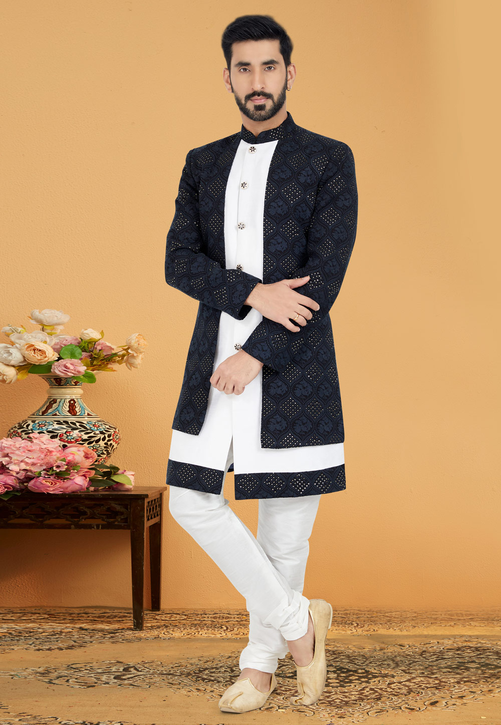 White Georgette Jacket Style Sherwani 263233