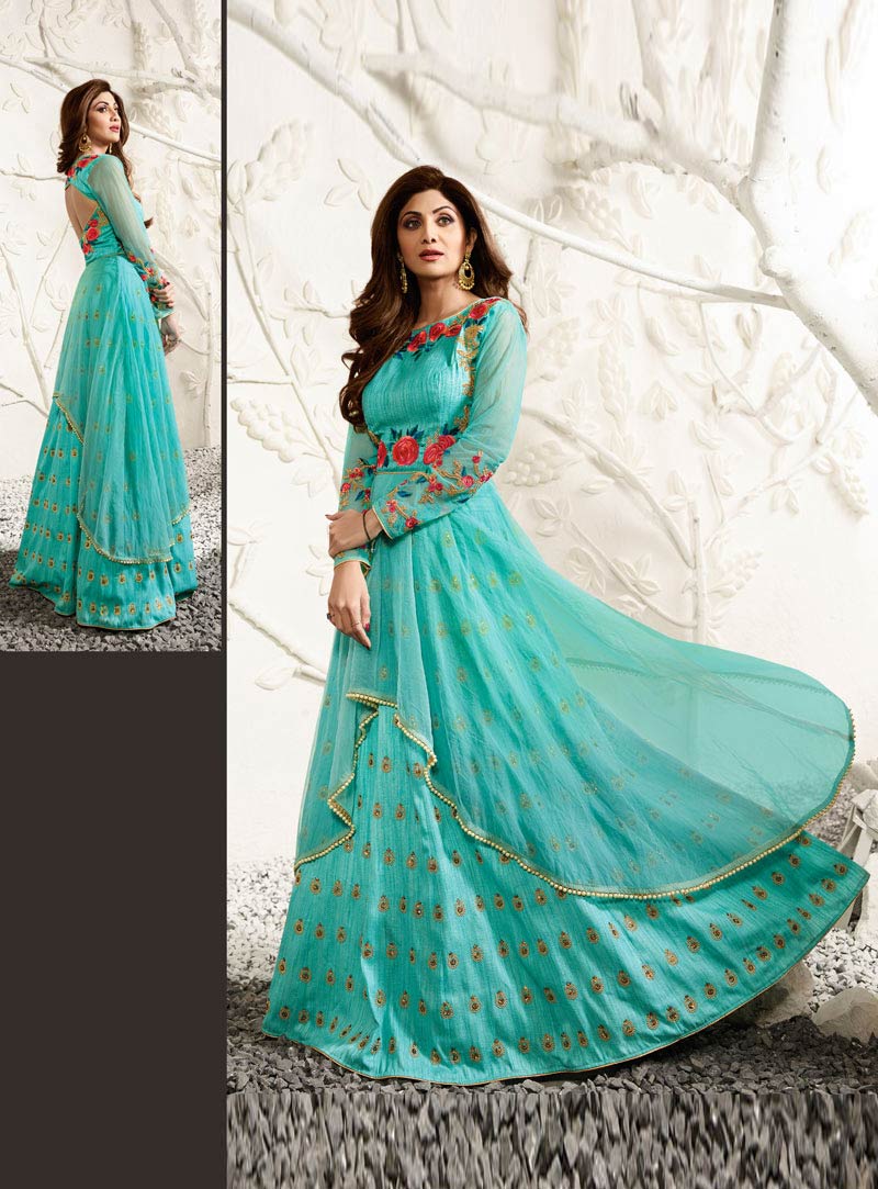 Shilpa Shetty Turquoise Raw Silk Lehenga With Long Choli 88720