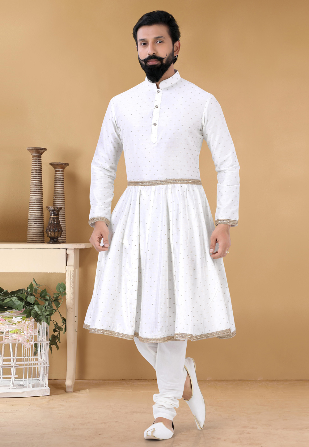 White Chanderi Silk Kurta Pajama 254044