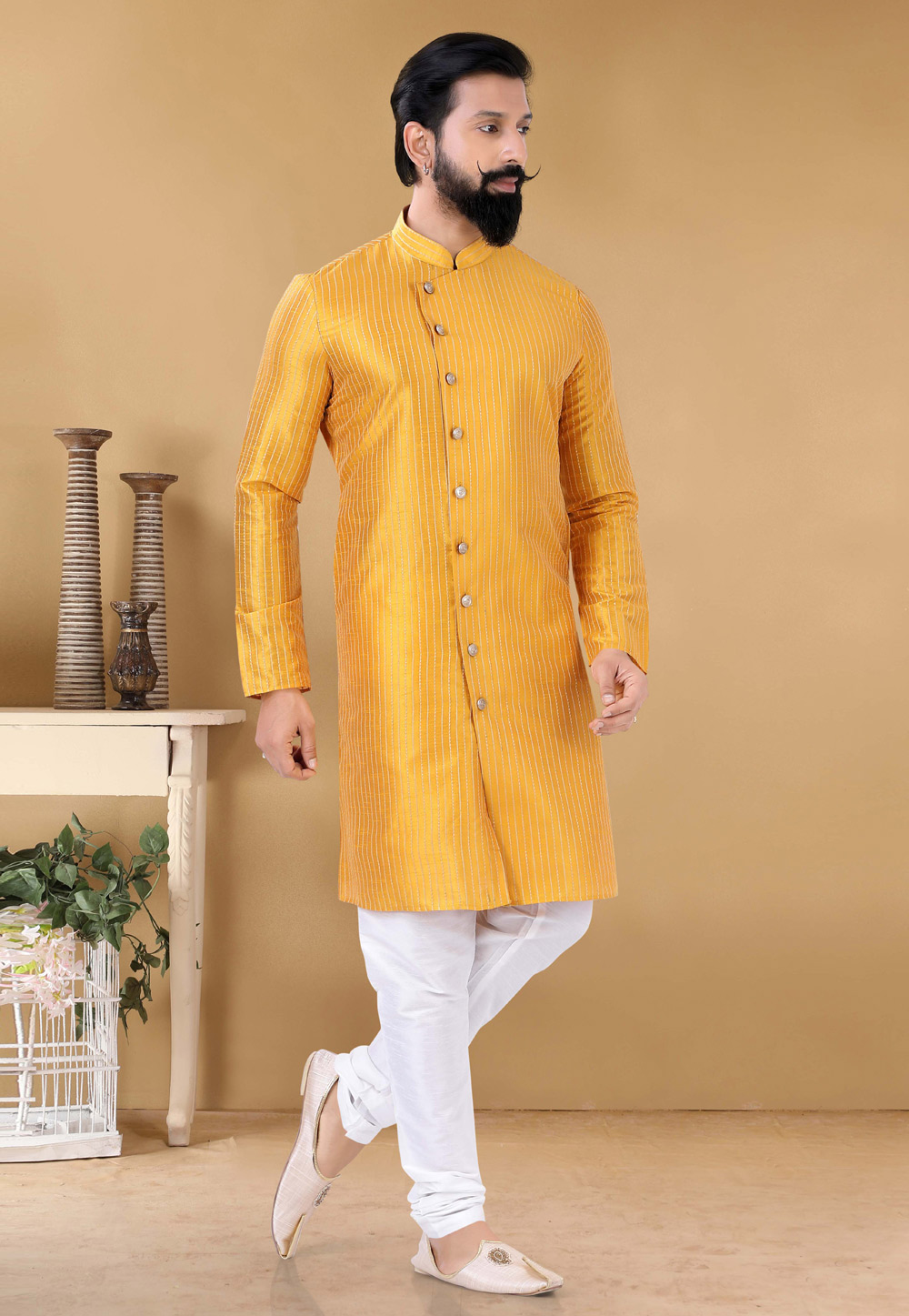 Yellow Silk Indo Western Suit 254052