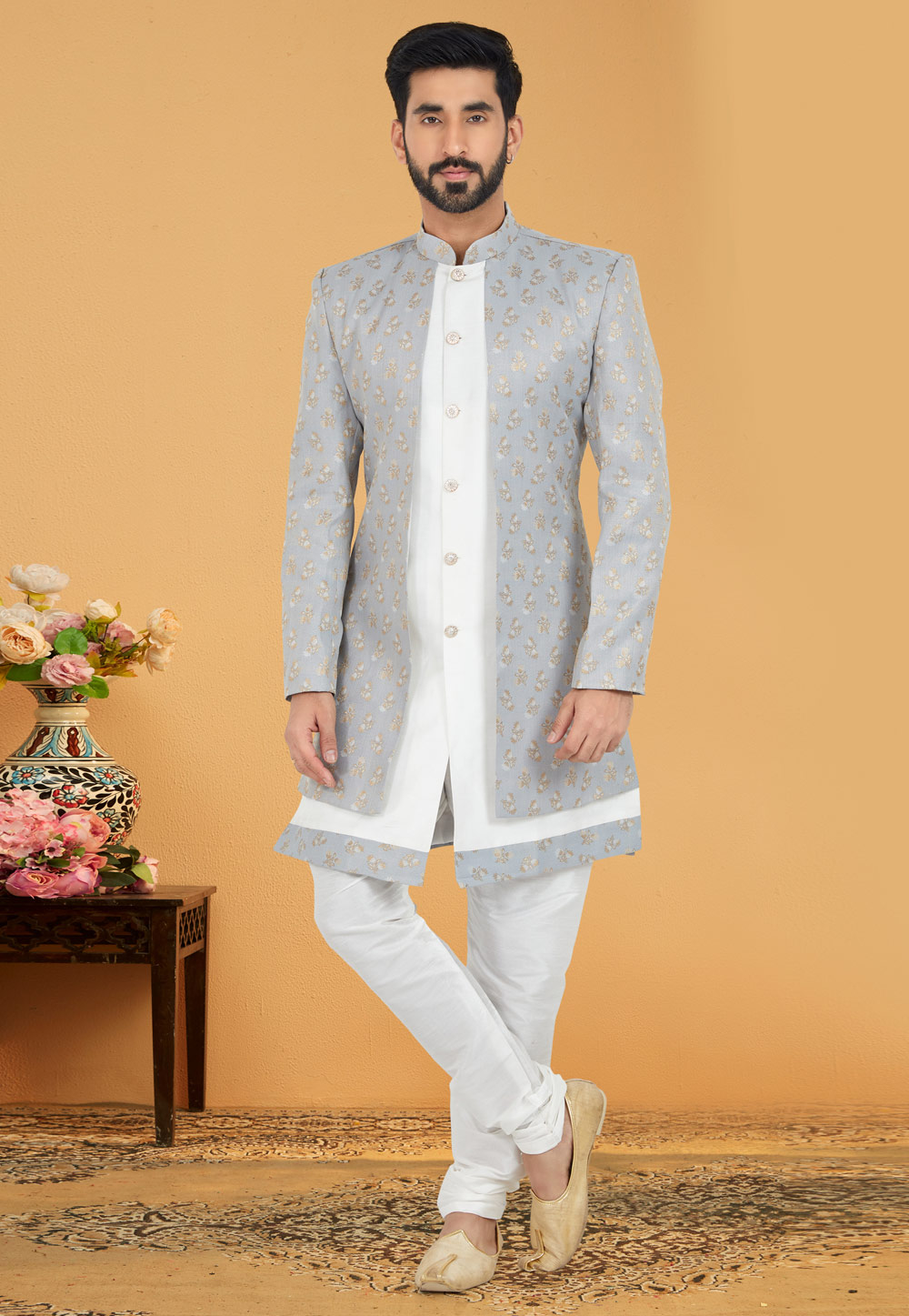 White Jacquard Silk Jacket Style Sherwani 263234