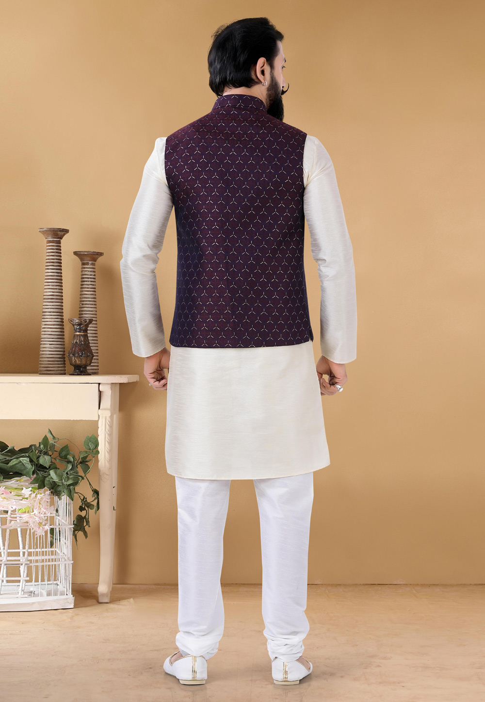 White kurta pajama with white online waistcoat