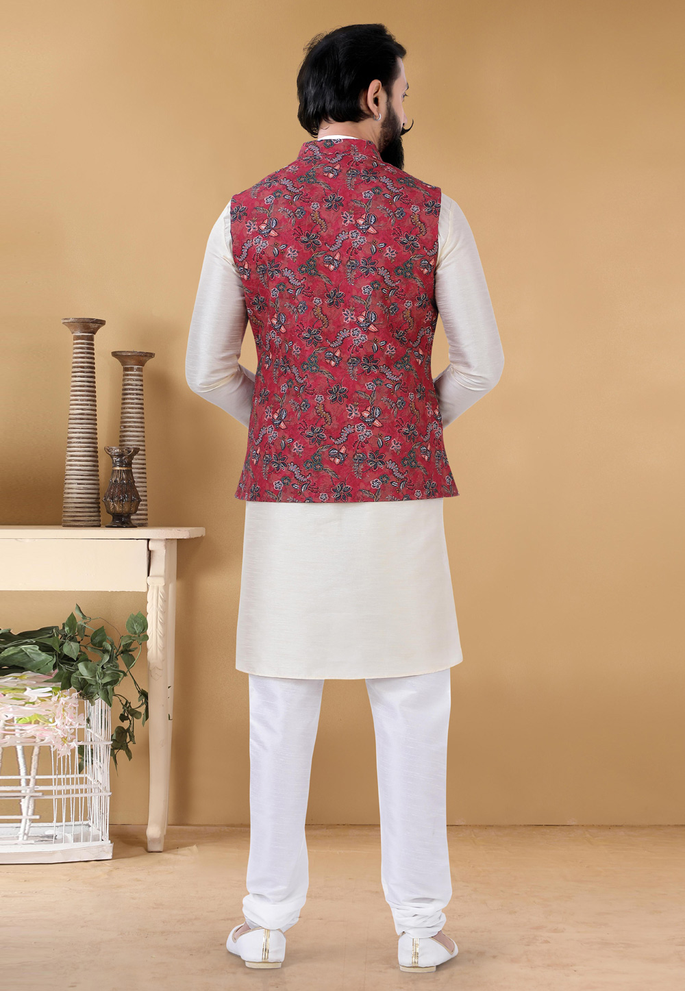 Cotton Blend Party Wear Kurta Pajama With Jacket In White Colour
