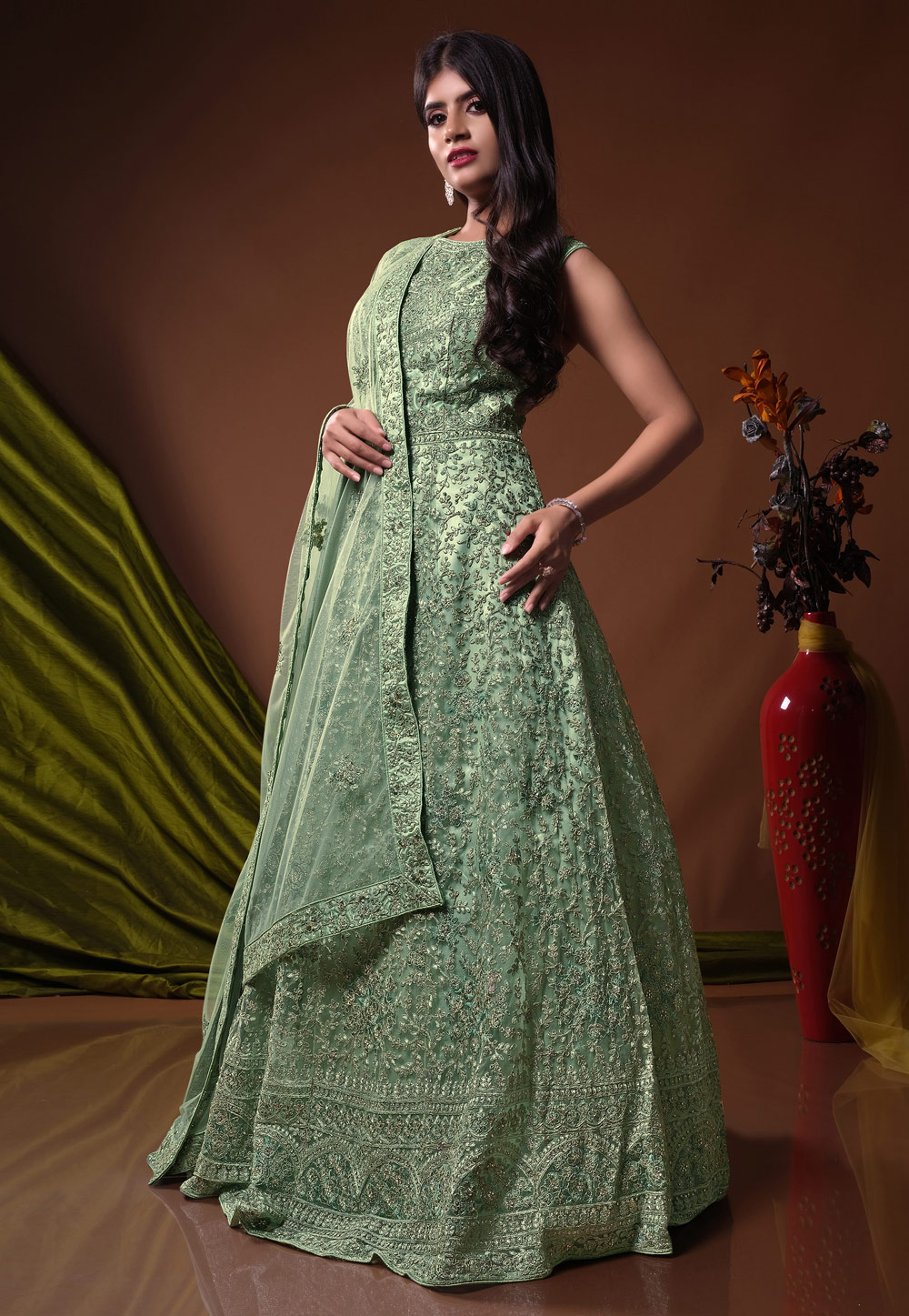 Sea Green Net Readymade Abaya Style Anarkali Suit 271445