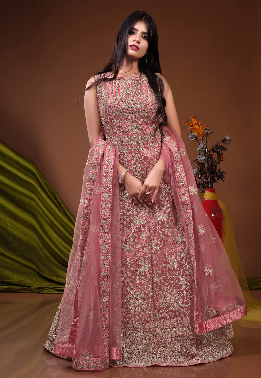 Pink Net Readymade Long Anarkali Suit 271446