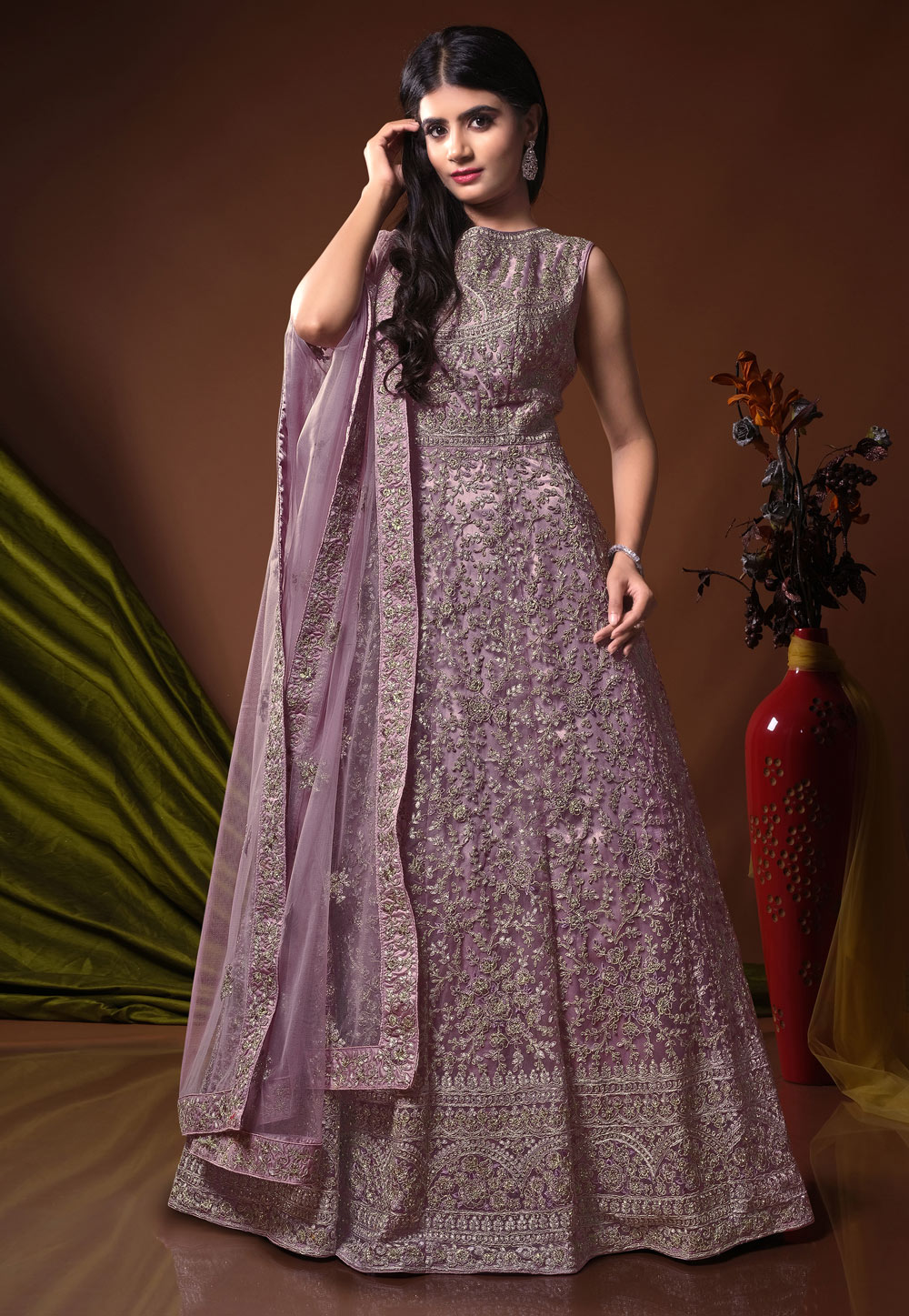 Lavender Net Readymade Long Anarkali Suit 271448