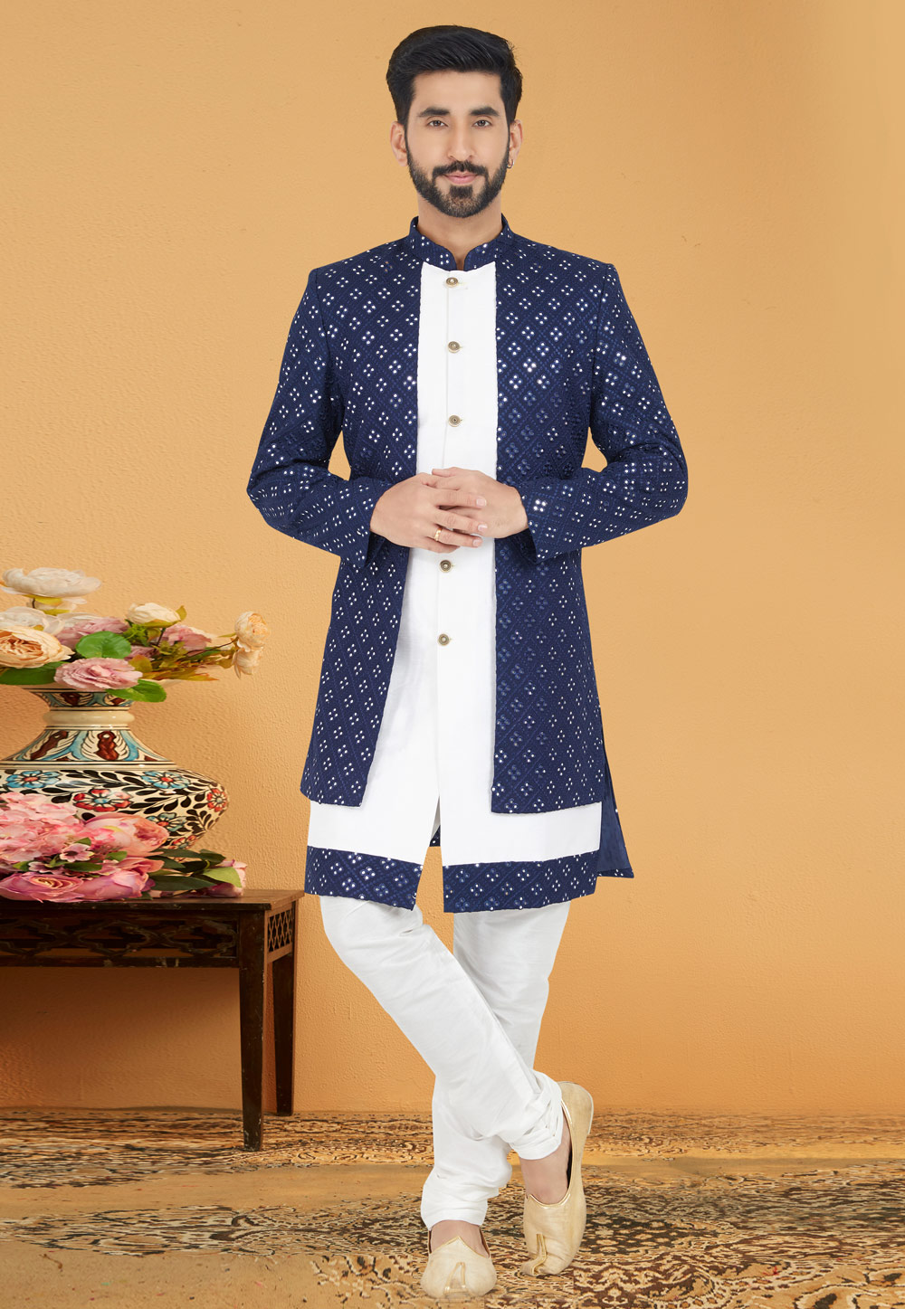 White Georgette Jacket Style Sherwani 263235