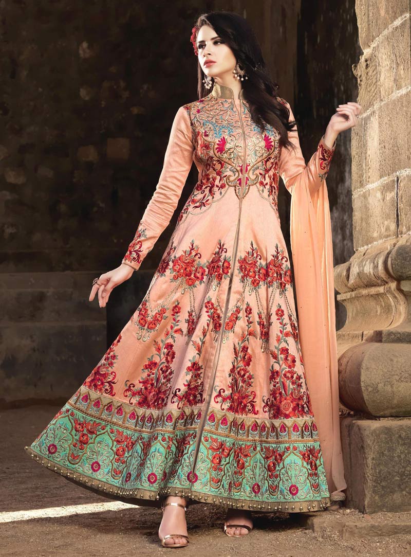 Peach Banarasi Silk Ankle Length Anarkali Suit 89983