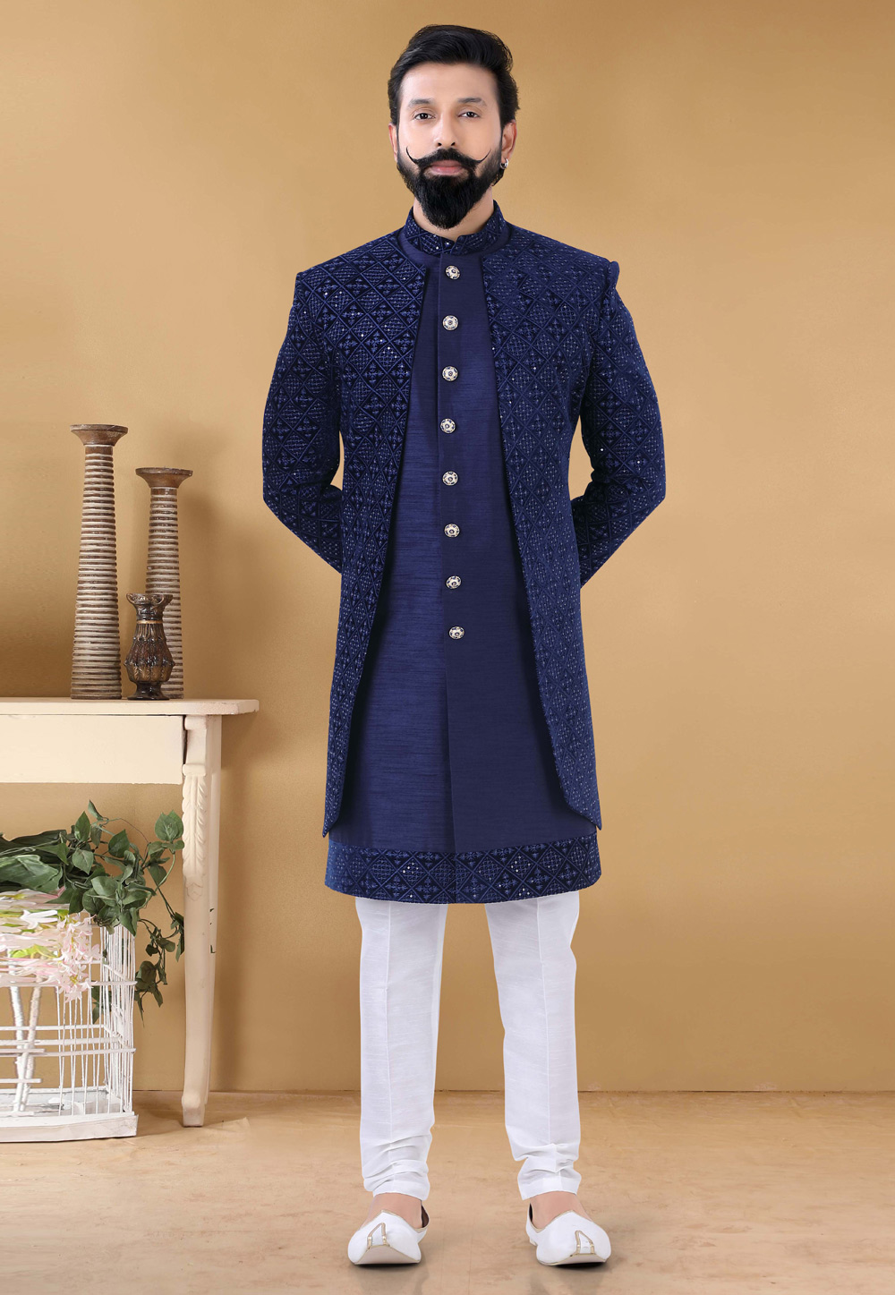 Navy Blue Art Silk Jacket Style Sherwani 254267