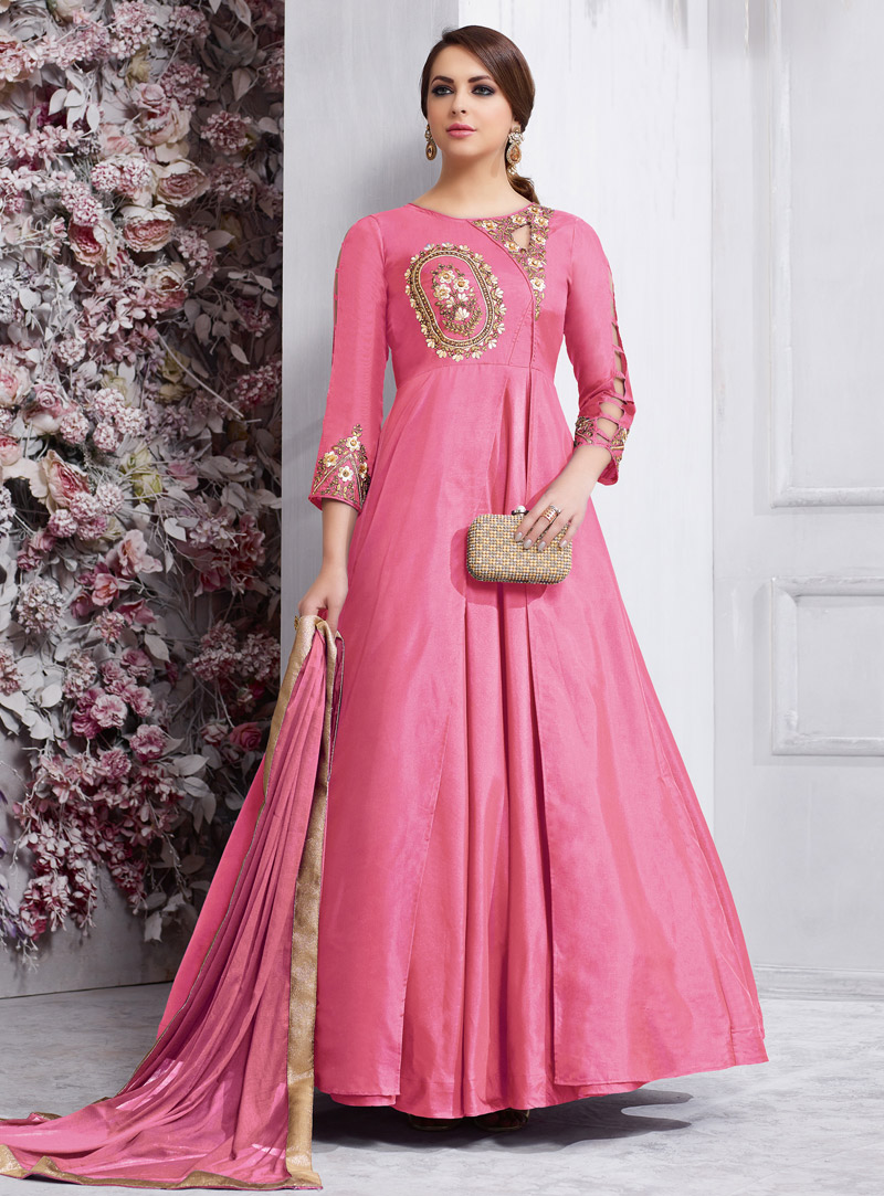 Pink Taffeta Silk Readymade Long Anarkali Suit 137350