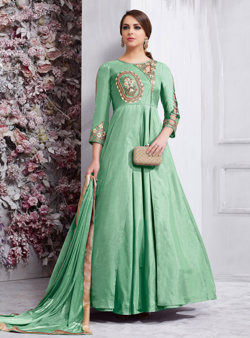 Green Taffeta Silk Readymade Long Anarkali Suit 137352