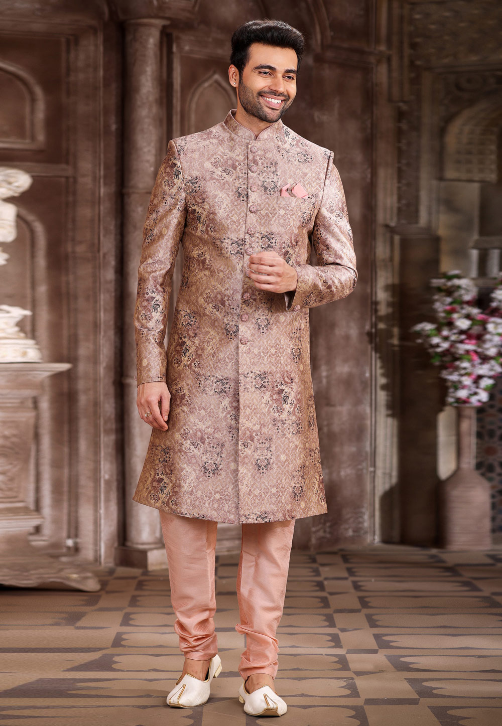 Buy Wedding Wear Jacqaurd Embroidery Work Cream Sherwani Style Suit Online  From Surat Wholesale Shop.