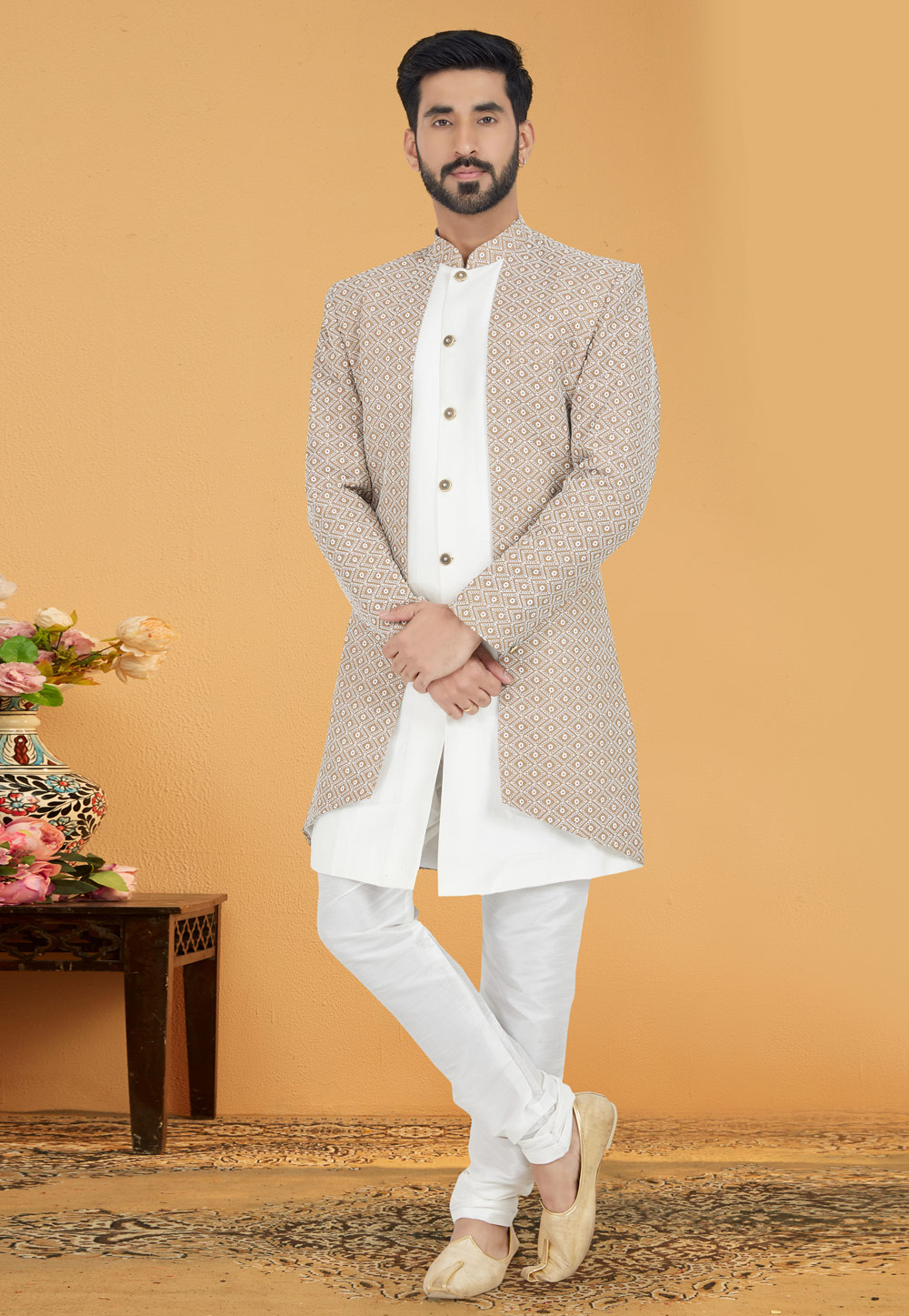White Cotton Silk Jacket Style Sherwani 263236