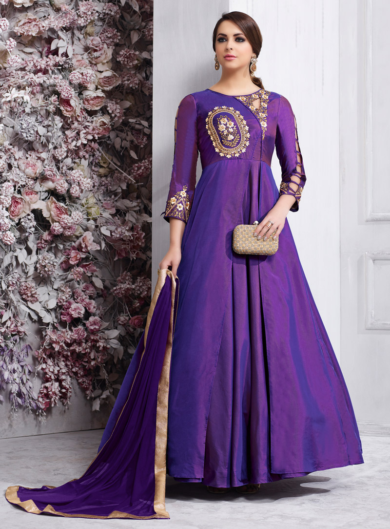 Purple Taffeta Silk Readymade Long Anarkali Suit 126896