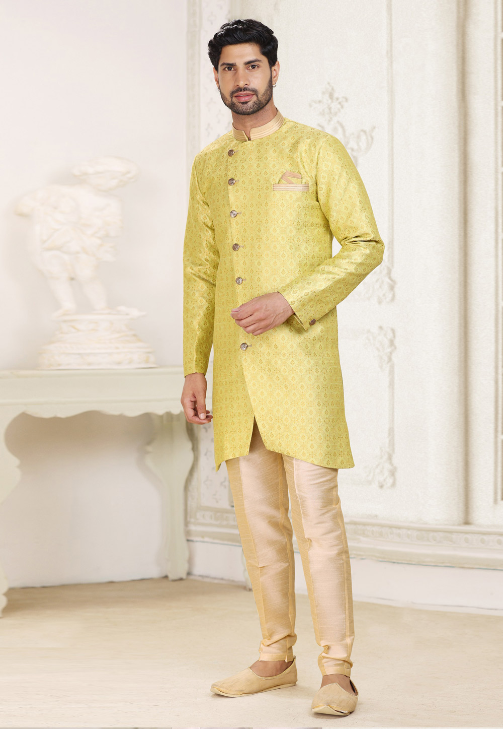 Yellow Banarasi Jacquard Indo Western Sherwani 265904