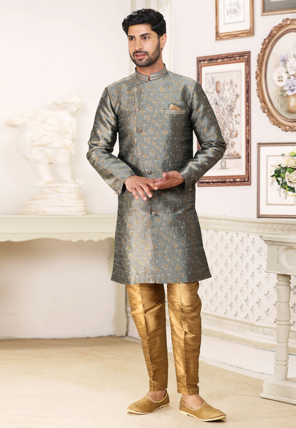 Grey Banarasi Jacquard Achkan Style Sherwani 265907