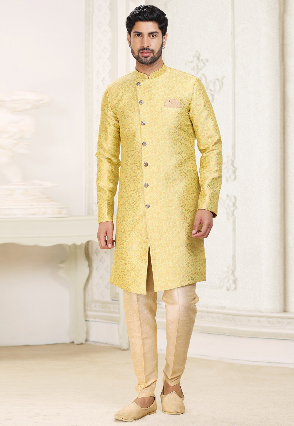 Yellow Banarasi Jacquard Achkan Style Sherwani 265911