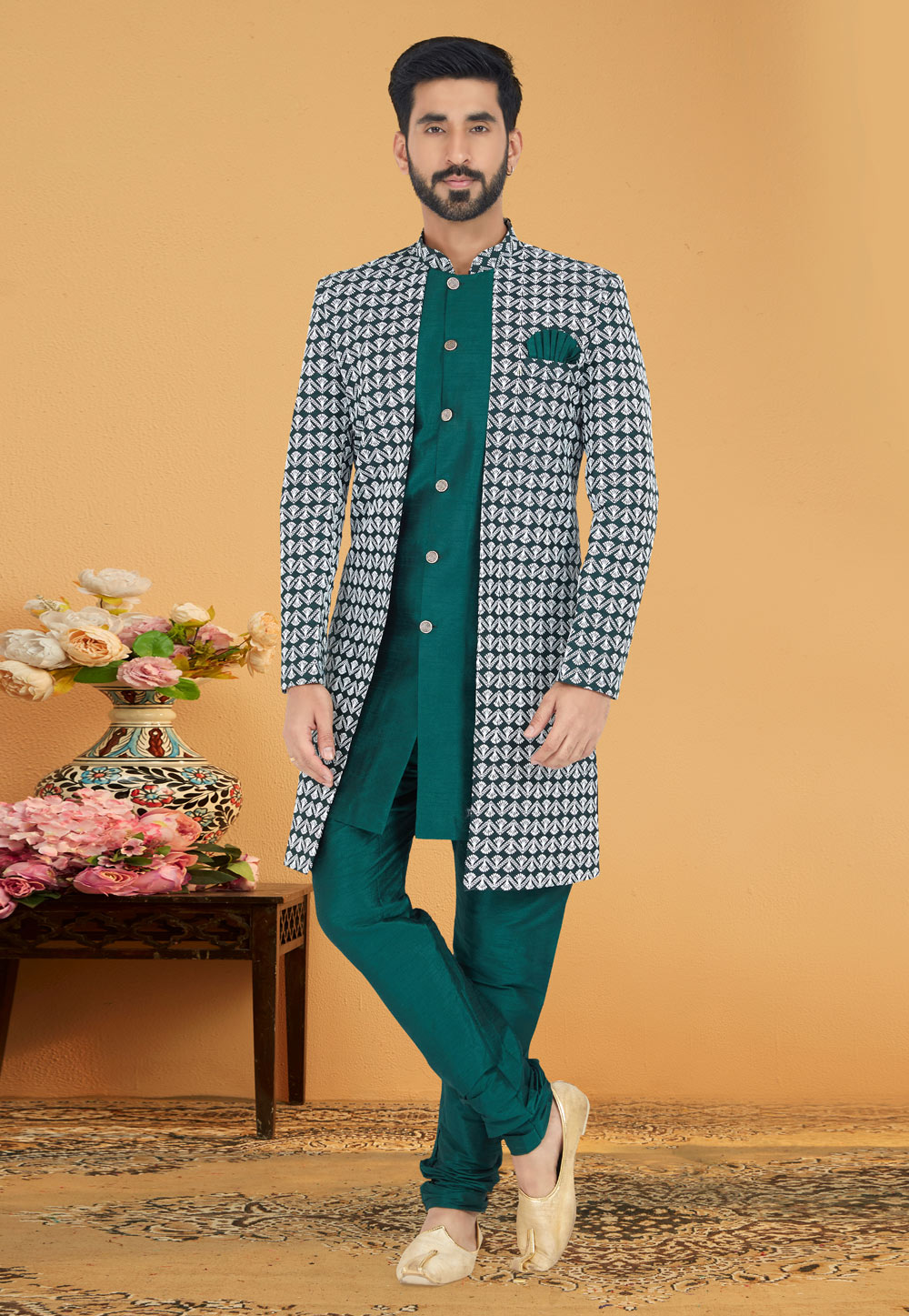Green Cotton Silk Jacket Style Sherwani 263237