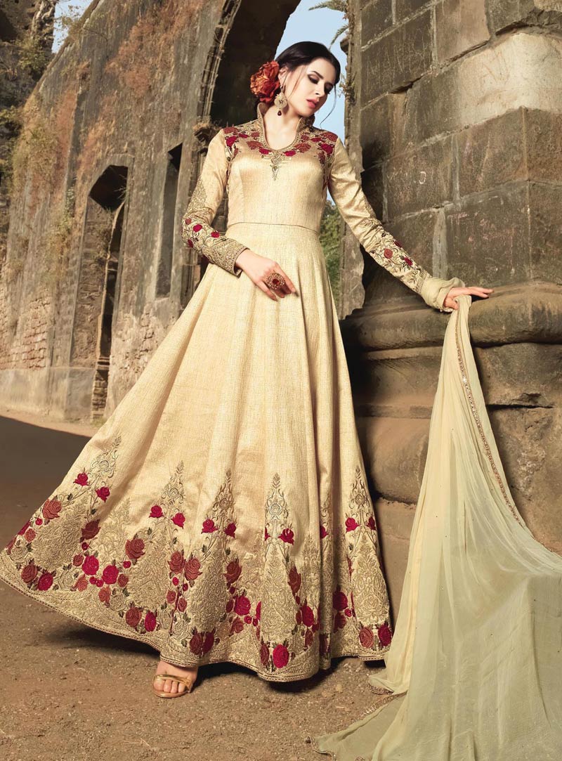Beige Banarasi Silk Long Anarkali Suit 89985
