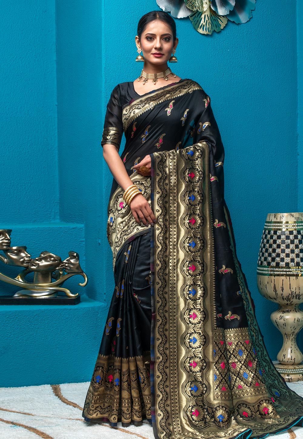 Black Banarasi Silk Saree With Blouse 228347