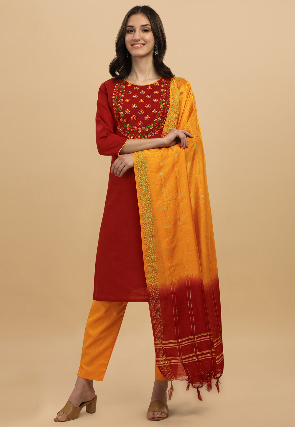 Red Cotton Readymade Pant Style Suit 254617