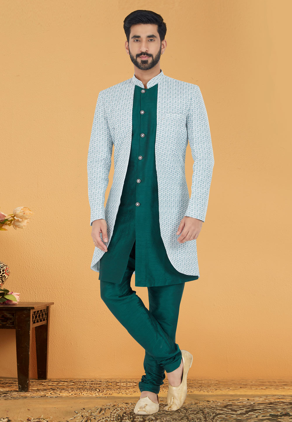 Green Cotton Silk Jacket Style Sherwani 263238