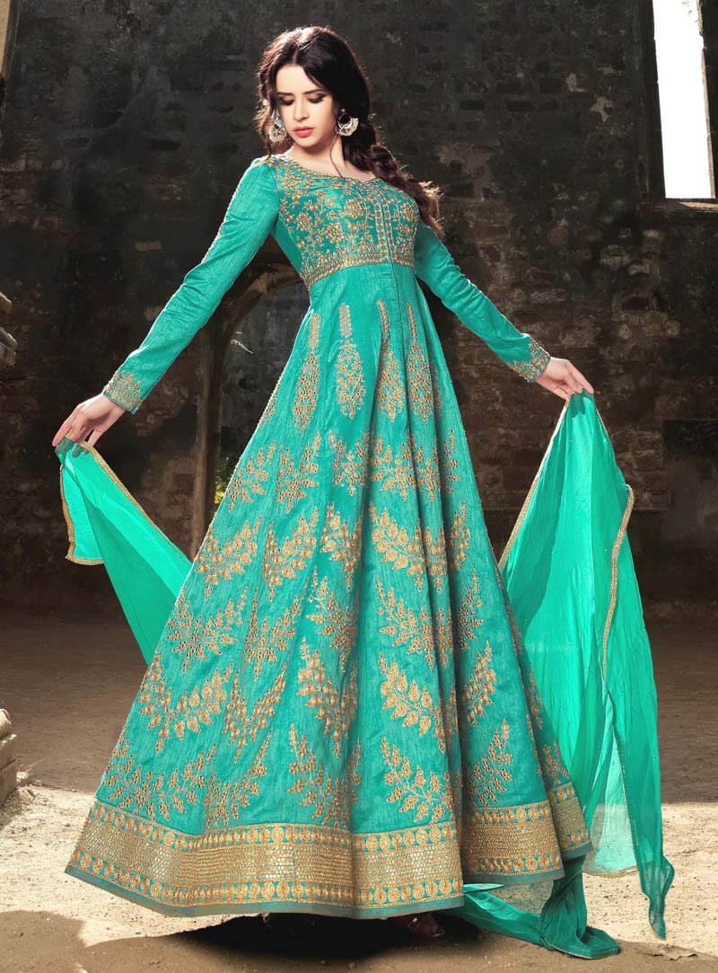 Turquoise Silk Ankle Length Anarkali Suit 89986