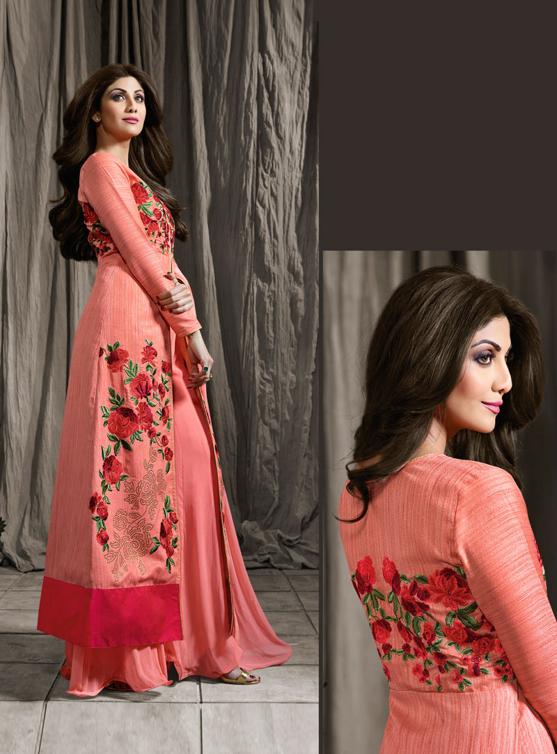 Shilpa Shetty Peach Raw Silk Palazzo Style Suit  88725