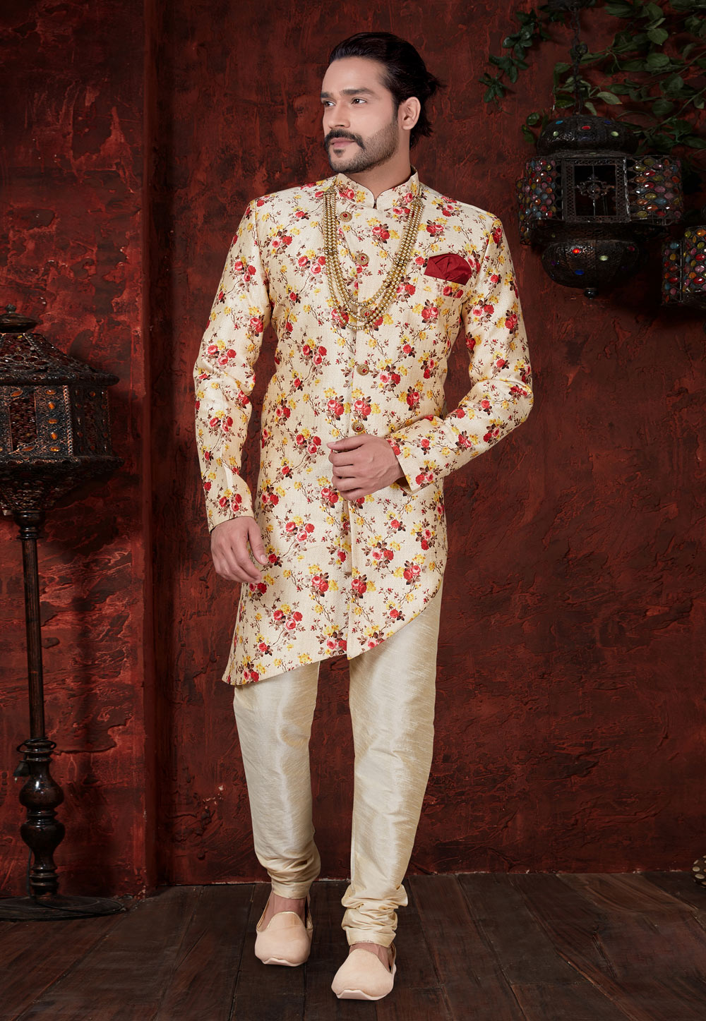 Cream Jacquard Silk Indo Western Suit 216346