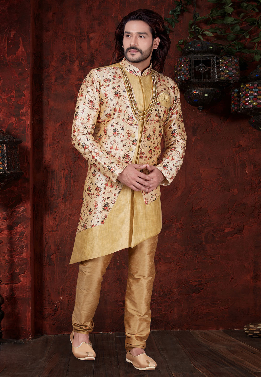 Cream Jacquard Silk Indo Western Suit 216349