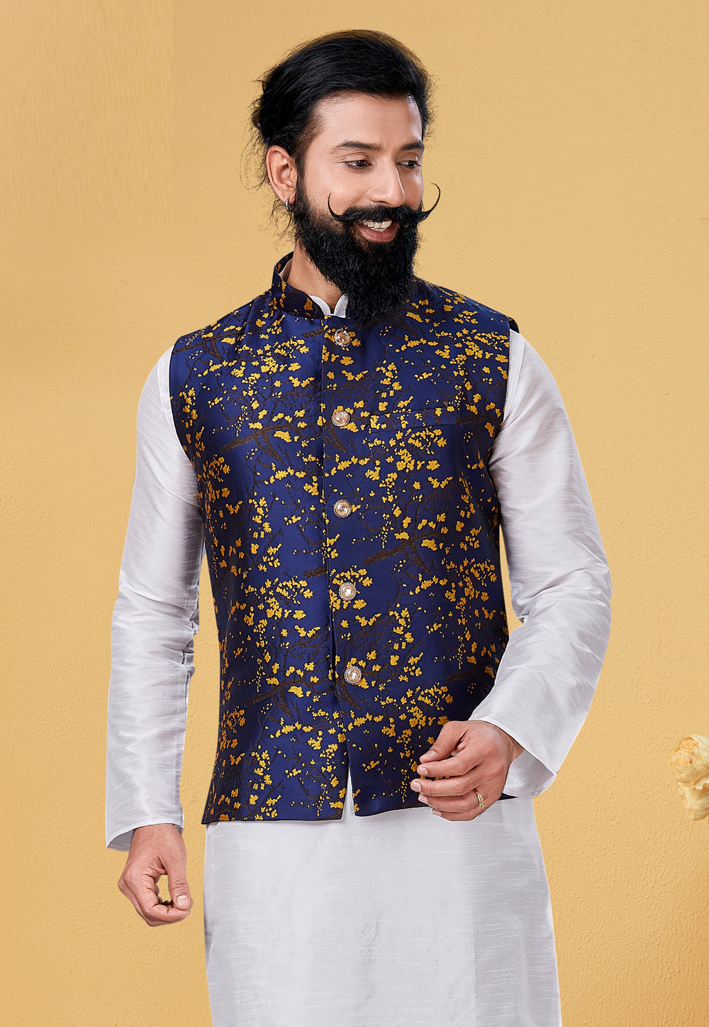 Grey floral printed nehru jacket with black kurta and pyjama - set of 3 by  The Weave Story | The Secret Label