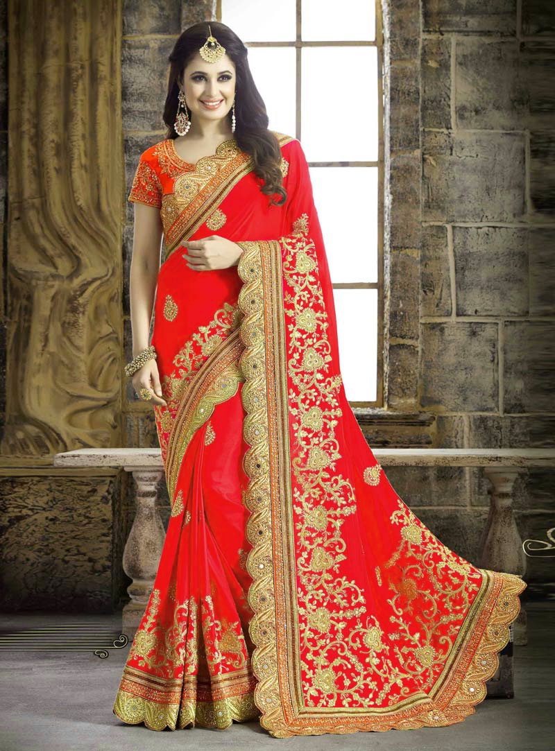 Red Crepe Cut Work Saree With Embroidered Blouse 85804
