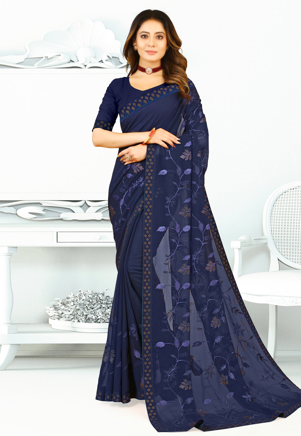 Navy Blue Georgette Saree With Blouse 261418