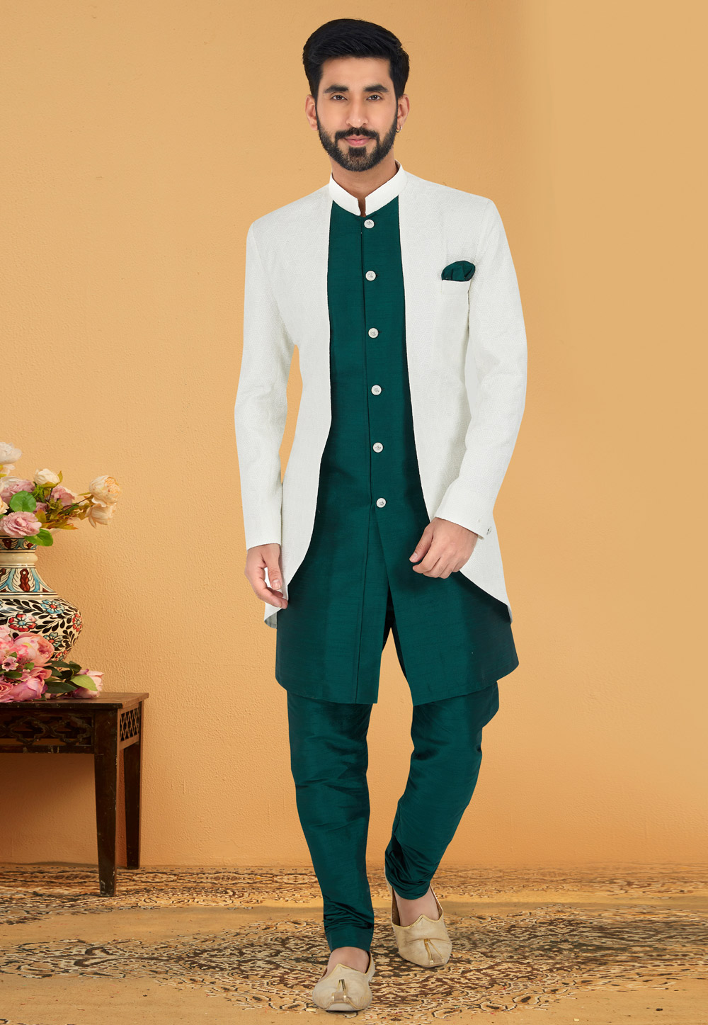 Green Cotton Silk Jacket Style Sherwani 263239