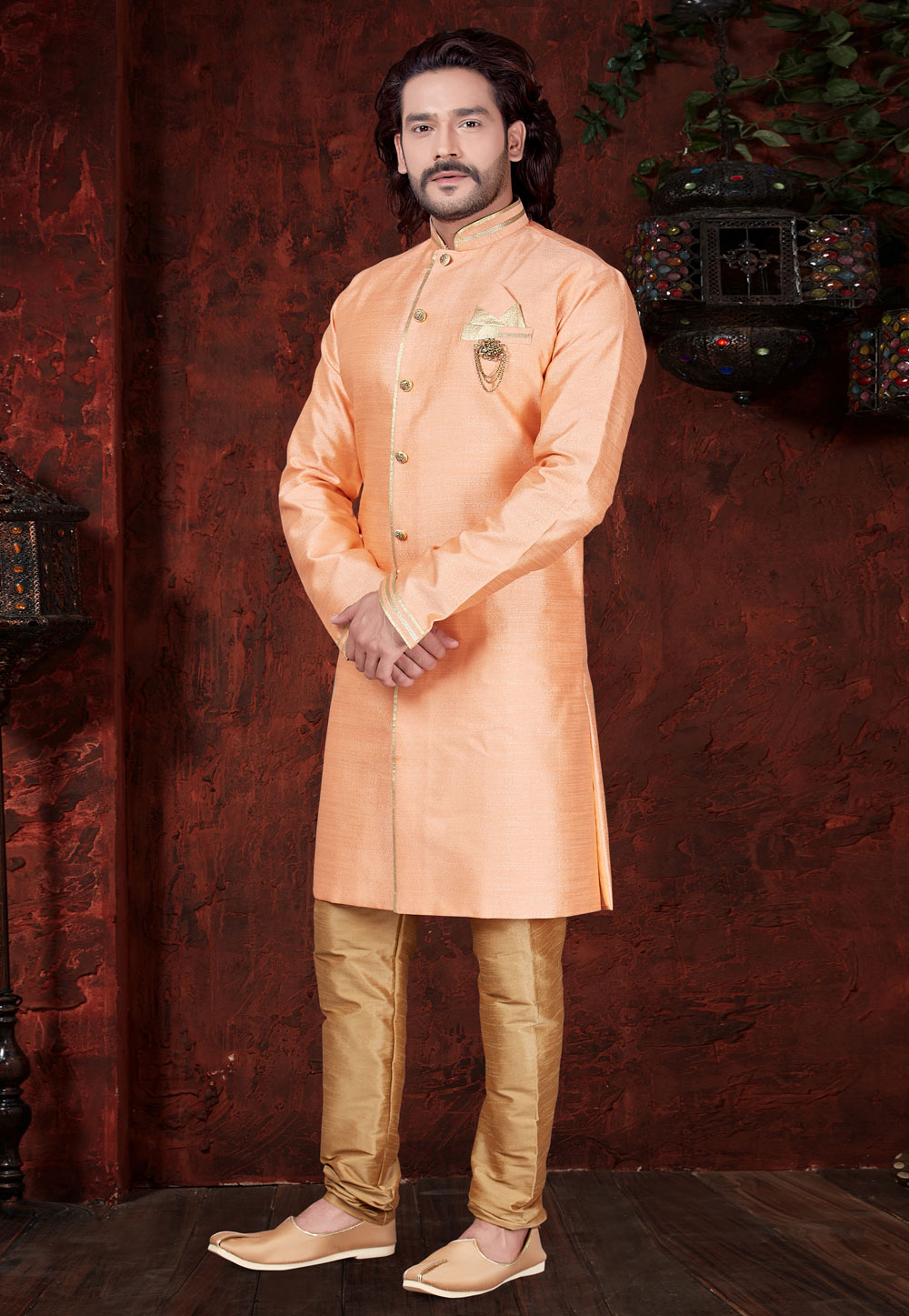 Peach Silk Indo Western Suit 216353