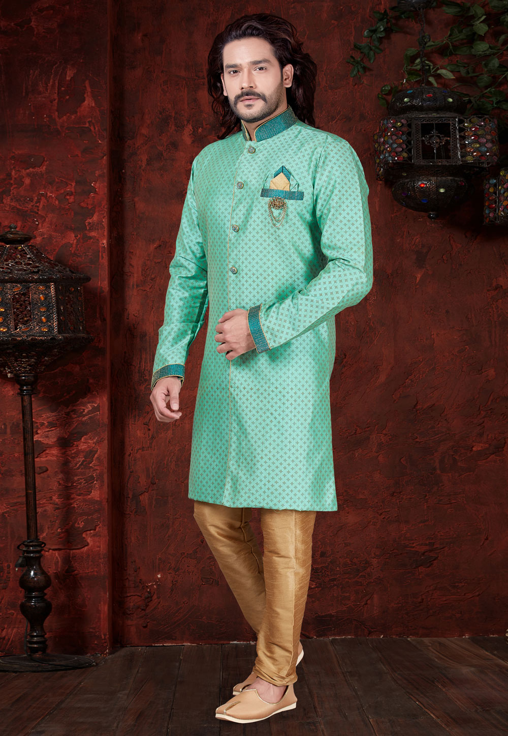 Sea Green Brocade Silk Indo Western Suit 216354