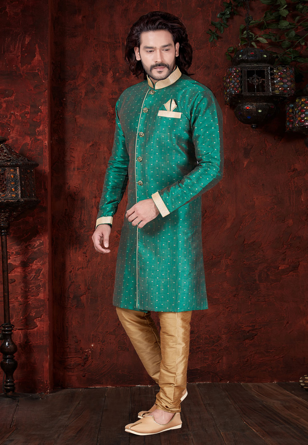 Green Silk Indo Western Suit 216355