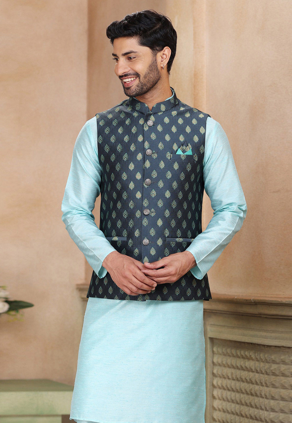 Sky Blue Jacquard Kurta Pajama With Jacket 267324