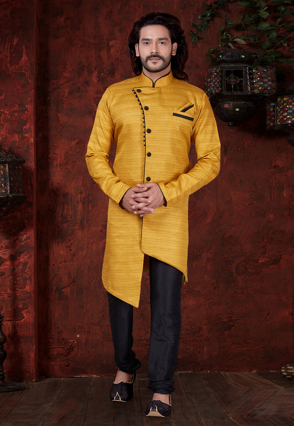 Yellow Silk Indo Western Suit 216361