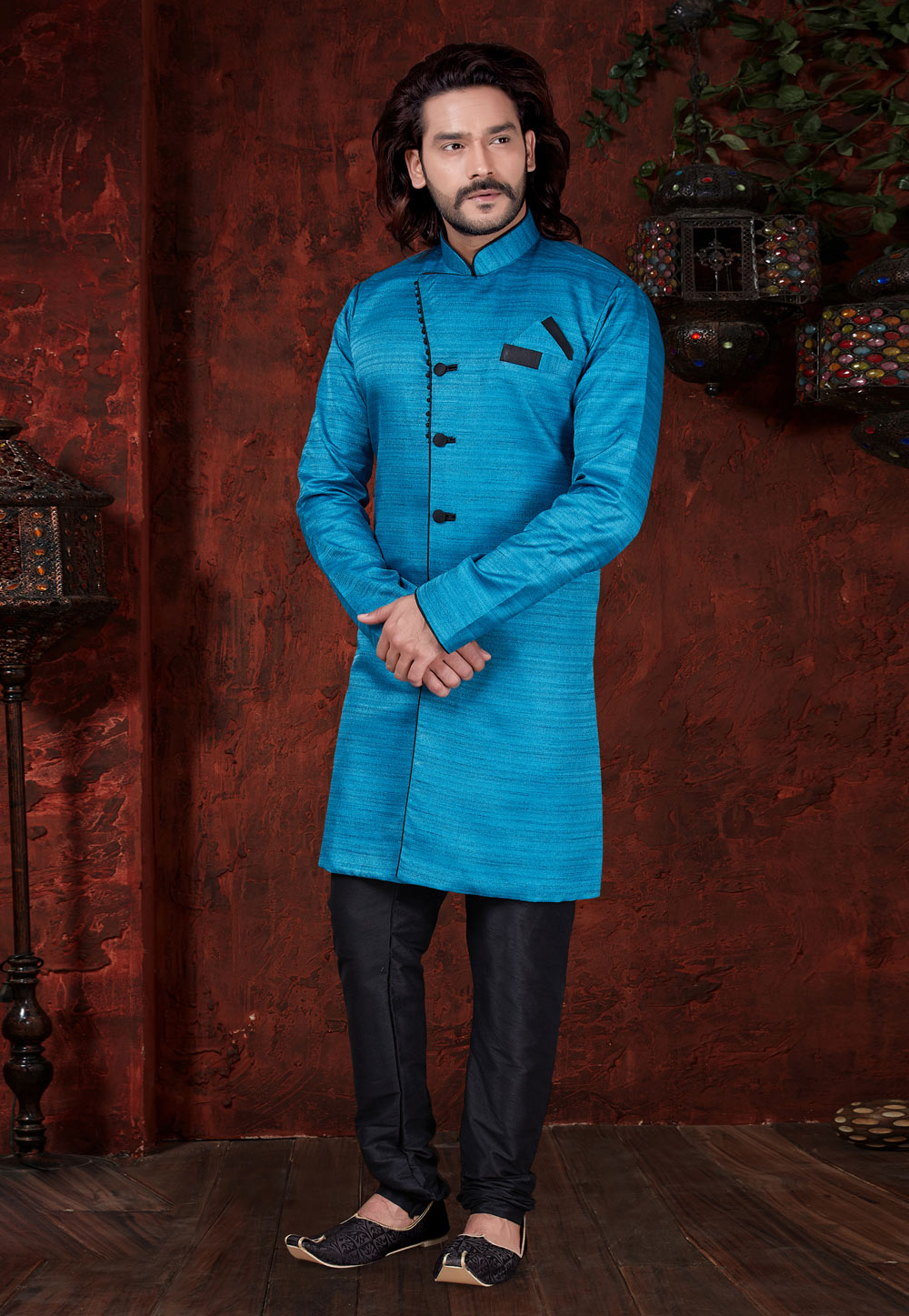 Blue Silk Indo Western Suit 216362