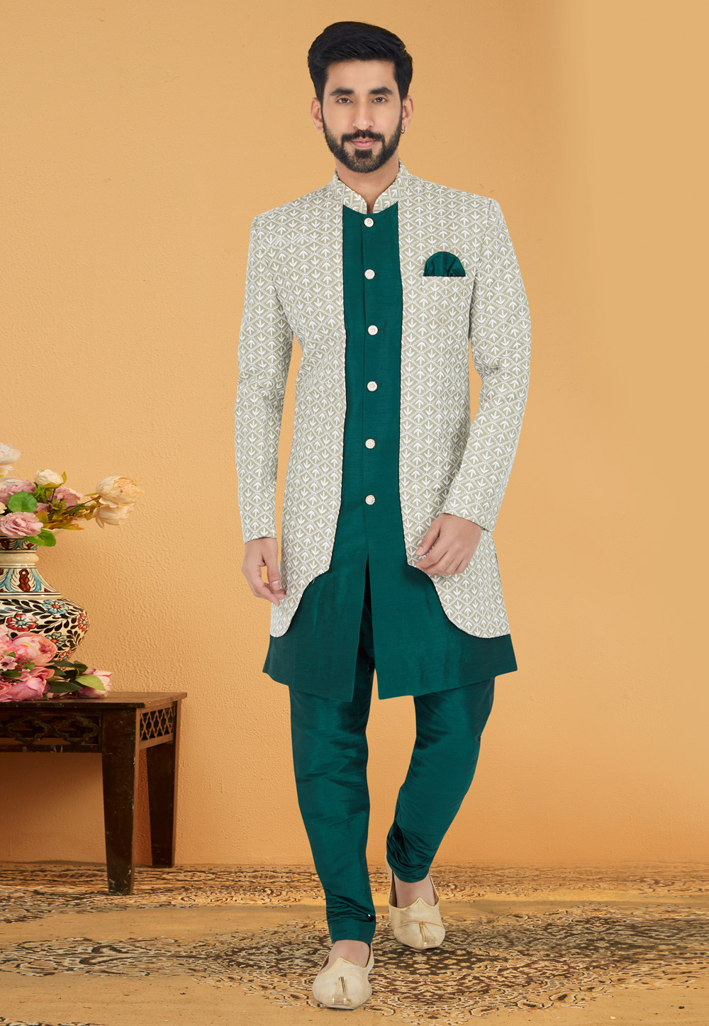 Green Jacquard Silk Jacket Style Sherwani 263241