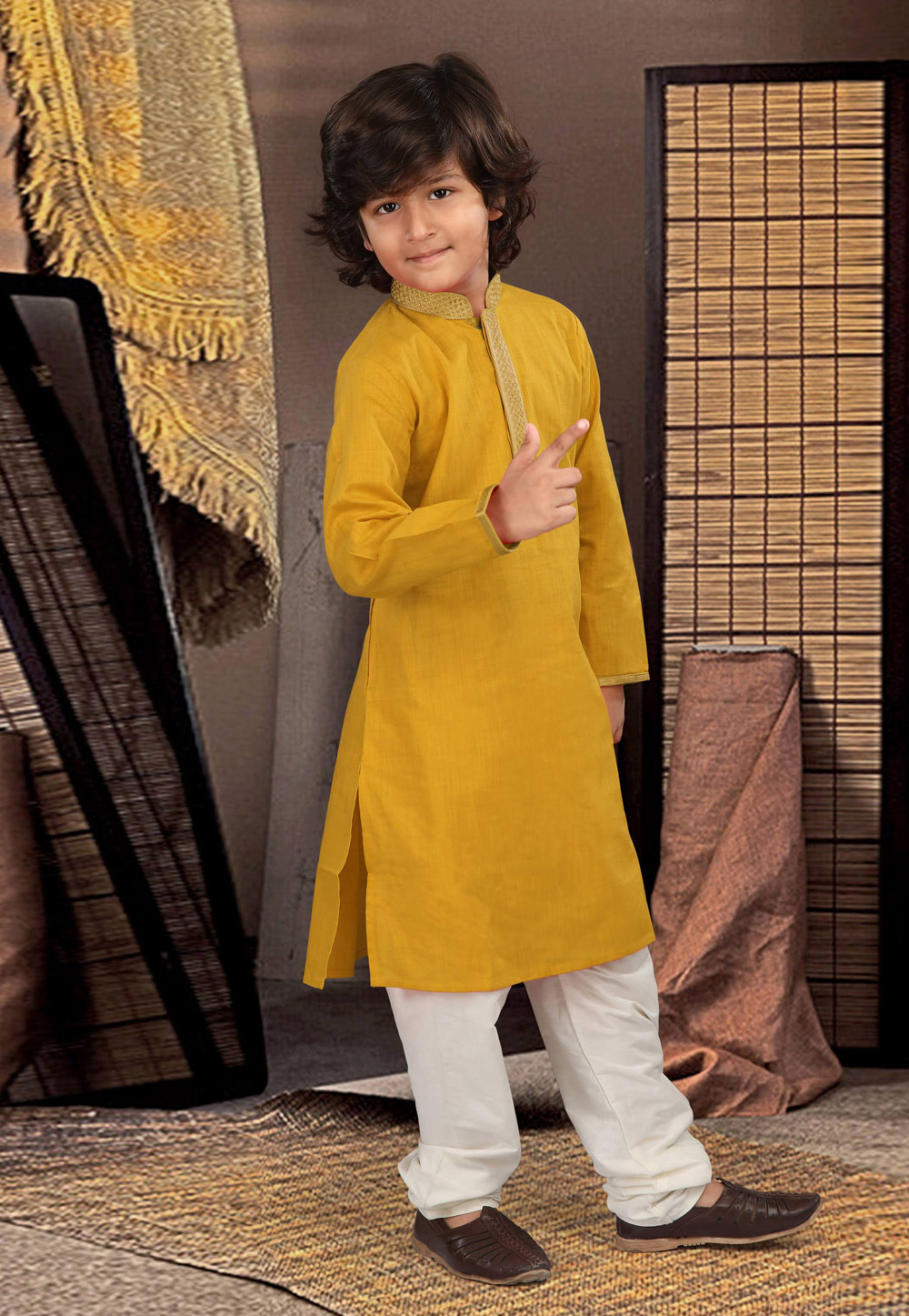 Mustard Cotton Kids Kurta Pajama 216617