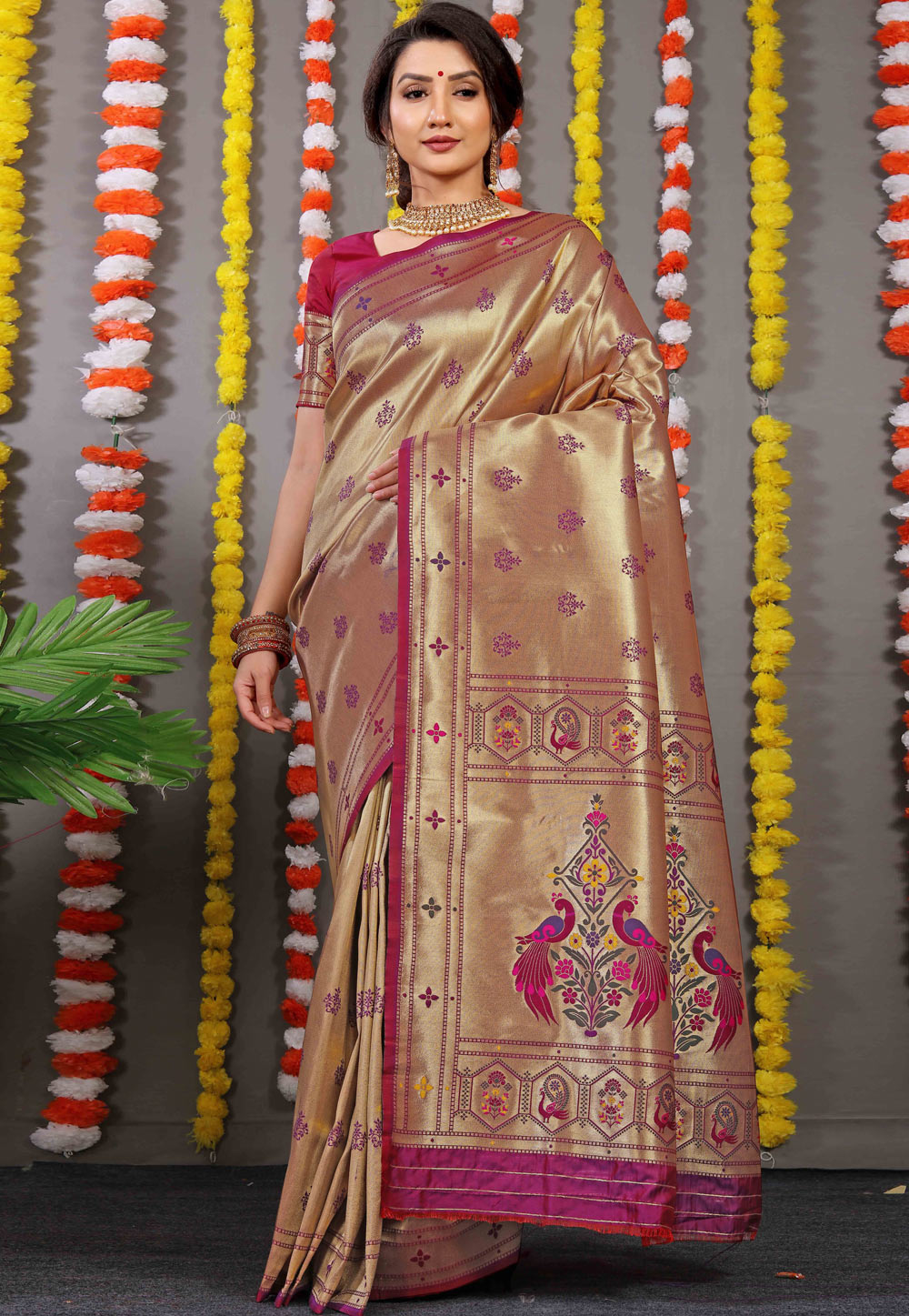 Golden Banarasi Silk Saree With Blouse 254900