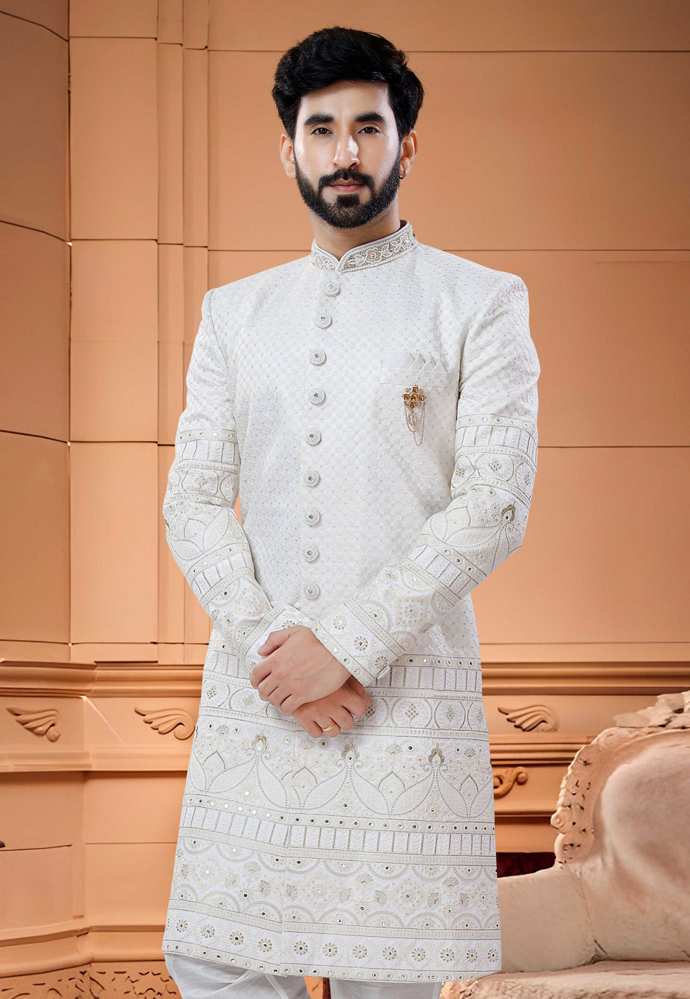 White indo western clearance sherwani